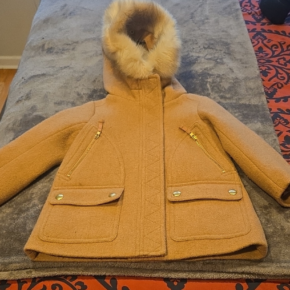 J. Crew Kids Tan Puffer Jacket with Faux Fur Hood